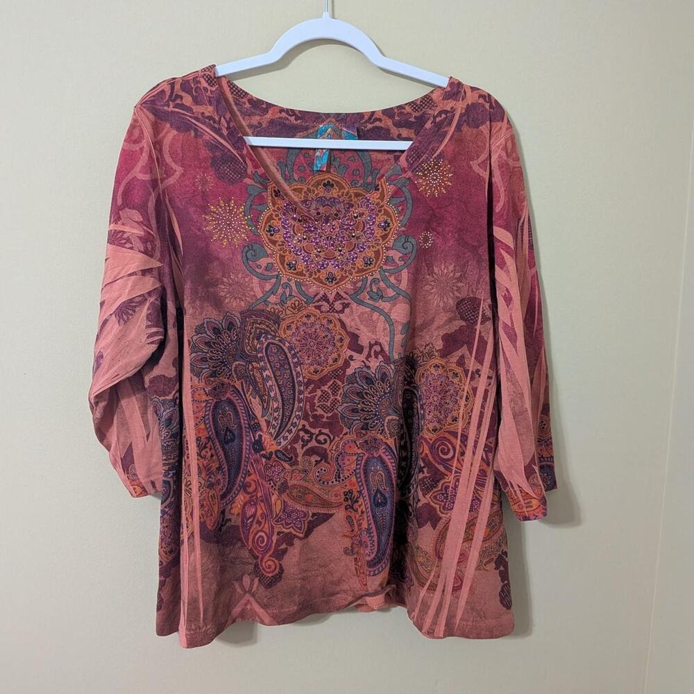 Whimsygoth Grunge Fairycore Medallion Pattern Blouse 3/4 Sleeve
